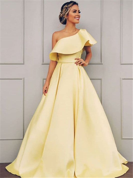 A-Linie/Elegant Ärmellos Eine Schulter Bodenlang Rüschen Satin Ballkleider