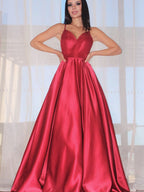 A-Line/Elegant Sleeveless Ruffles V-neck Satin Floor-Length Prom Dresses