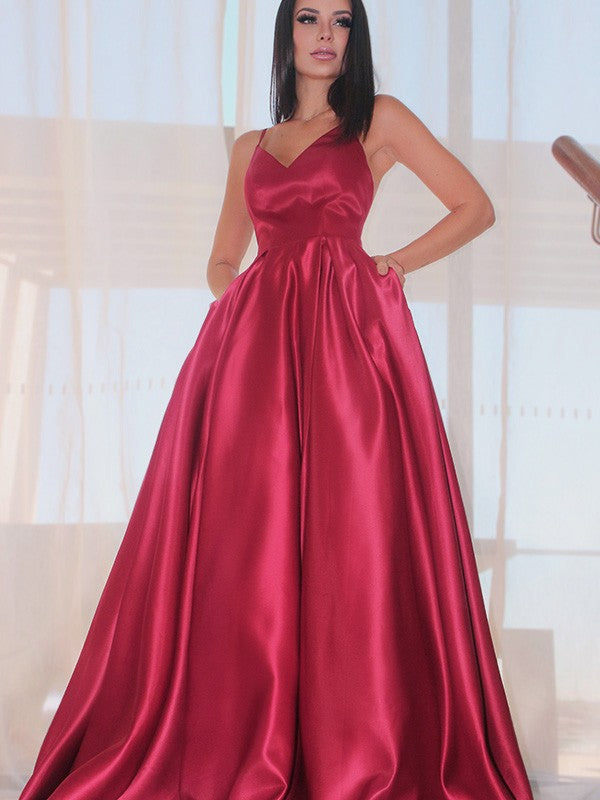 A-Line/Elegant Sleeveless Ruffles V-neck Satin Floor-Length Prom Dresses
