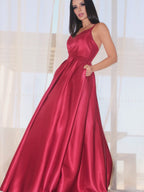 A-Line/Elegant Sleeveless Ruffles V-neck Satin Floor-Length Prom Dresses