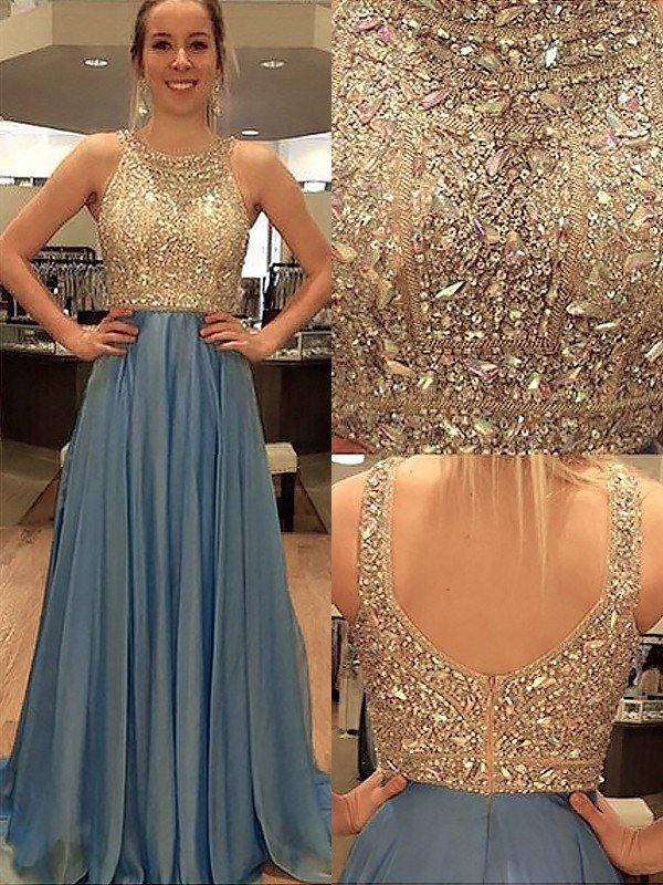 Robes de bal sans manches en mousseline à encolure dégagée, coupe en A, élégantes avec perles