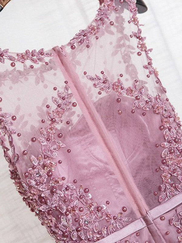Robes de bal longues en tulle à perles, sans manches, en ligne A, élégantes, à encolure dégagée