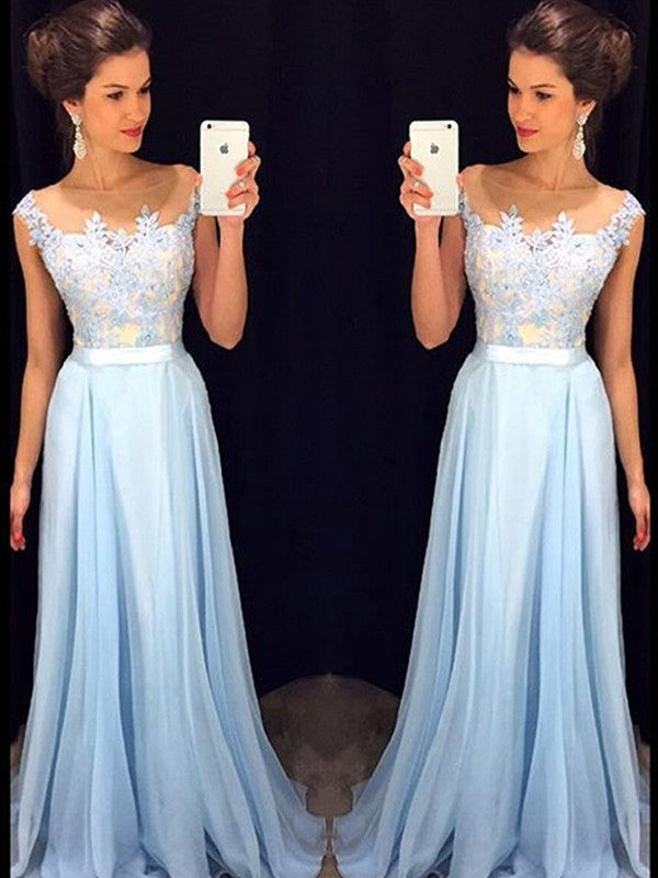 Robes de bal en chiffon à encolure transparente sans manches, coupe en A, élégantes avec appliques