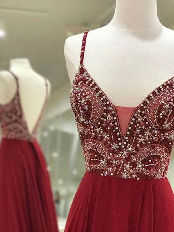 Robes de bal longues en chiffon à perles, sans manches, fines bretelles spaghetti, coupe en A/élégante