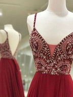 Robes de bal longues en chiffon à perles, sans manches, fines bretelles spaghetti, coupe en A/élégante