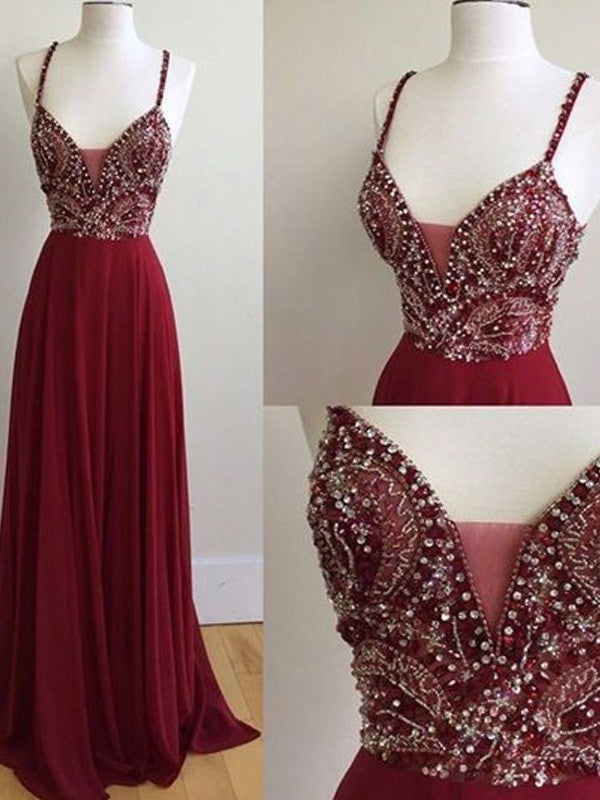 Robes de bal longues en chiffon à perles, sans manches, fines bretelles spaghetti, coupe en A/élégante