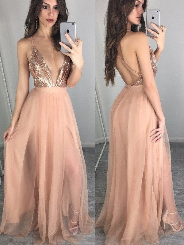 Robes de bal longues en chiffon à paillettes, sans manches, à fines bretelles spaghetti, coupe en A/élégante