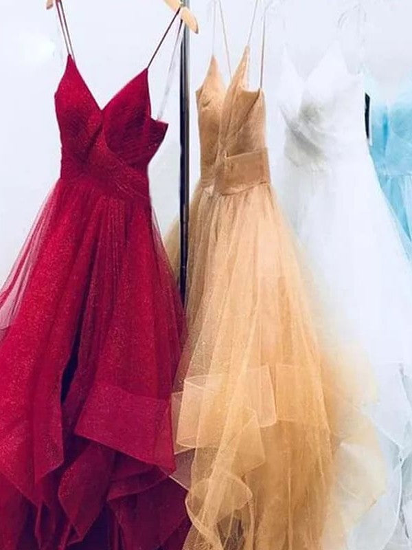 Robes de bal longues en tulle, ligne A/élégantes, sans manches, à fines bretelles spaghetti