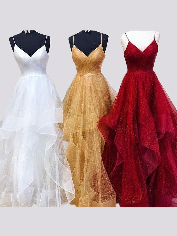 Robes de bal longues en tulle, ligne A/élégantes, sans manches, à fines bretelles spaghetti