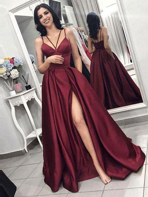 Robes de bal en satin à bretelles spaghetti sans manches, coupe en A et volants élégants