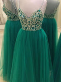 Robes de bal longues en tulle à perles, sans manches, à fines bretelles spaghetti, coupe en A/élégante
