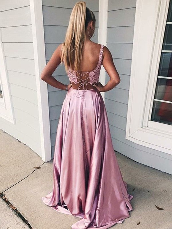A-Line/Elegant Sleeveless Square Applique Silk like Satin Two Piece Prom Dresses