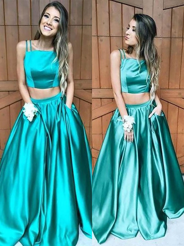 Robe de bal deux pièces en satin, ligne A, élégante, sans manches, carrée, longue jusqu'au sol avec volants