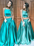 Robe de bal deux pièces en satin, ligne A, élégante, sans manches, carrée, longue jusqu'au sol avec volants