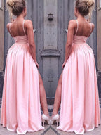 Robes de bal longues au sol en satin semblable à la soie, sans manches, à bretelles, style ligne A/élégant avec fronces