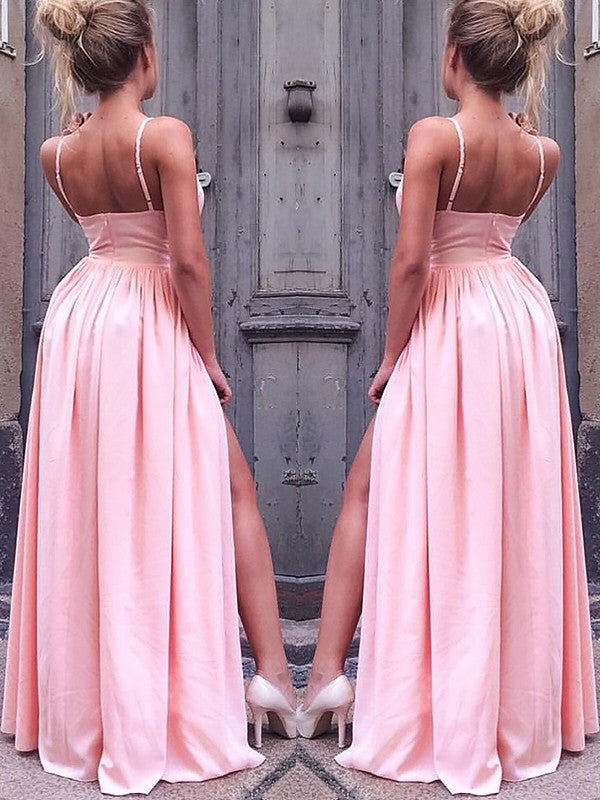 Robes de bal longues au sol en satin semblable à la soie, sans manches, à bretelles, style ligne A/élégant avec fronces