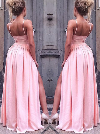 A-Line/Elegant Sleeveless Straps Floor-Length Ruched Silk like Satin Prom Dresses