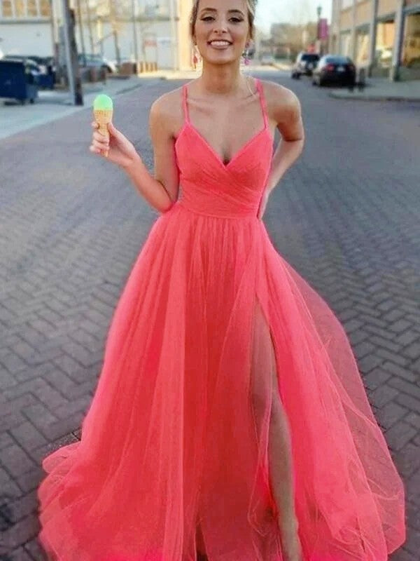 Robes de bal sans manches en tulle à encolure en V, coupe droite et froncée, élégantes