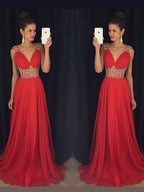 Robes de bal longues en mousseline à perles, sans manches, col en V, coupe en A/élégante
