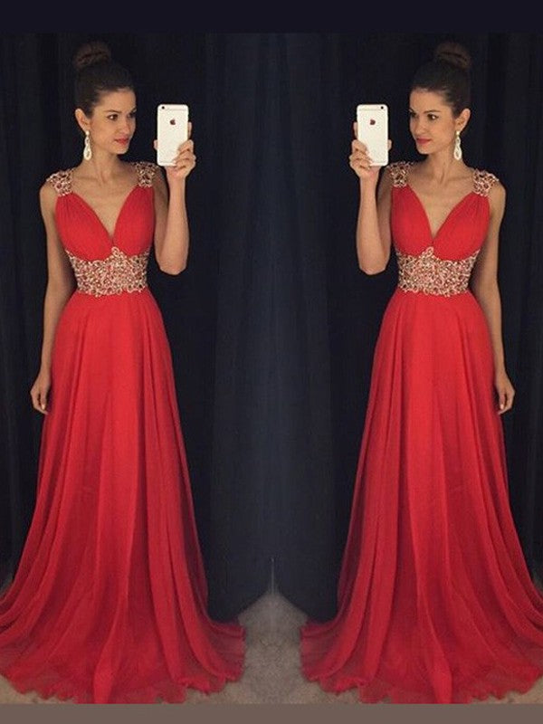 Robes de bal longues en mousseline à perles, sans manches, col en V, coupe en A/élégante