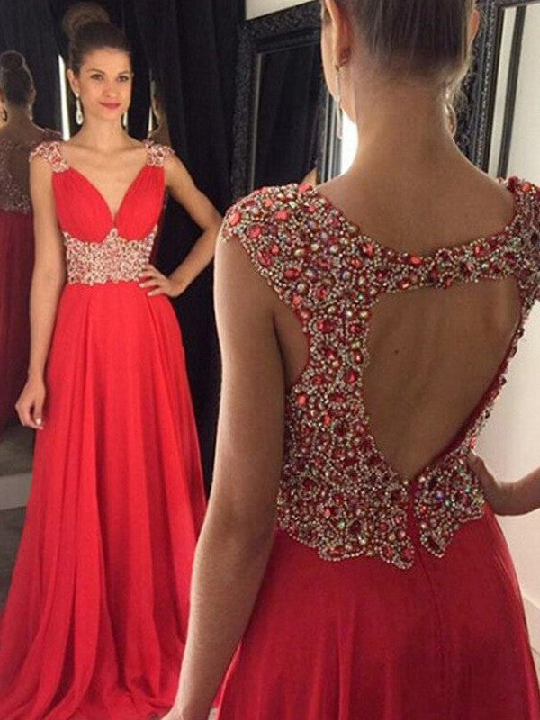 Robes de bal longues en mousseline à perles, sans manches, col en V, coupe en A/élégante