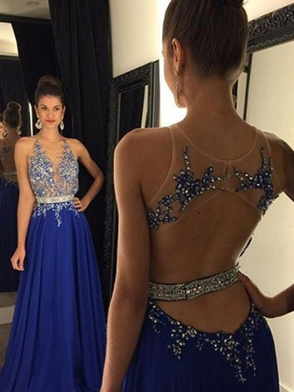 Robes de bal longues au sol en mousseline avec appliques, col en V, sans manches, coupe en A/élégante