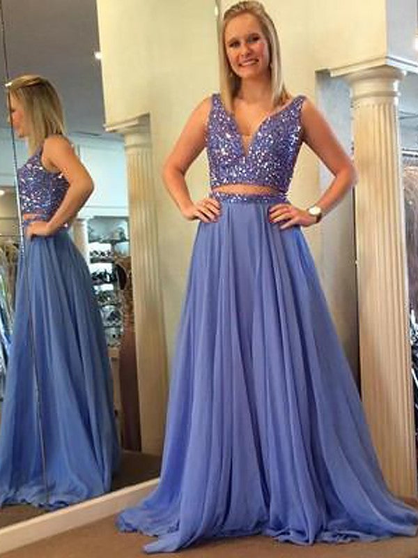 Robes de bal deux pièces longues jusqu'au sol en mousseline à perles, sans manches, col en V, coupe en A/élégante
