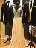 Robes de bal élégantes sans manches en mousseline à encolure en V avec perles, coupe en A