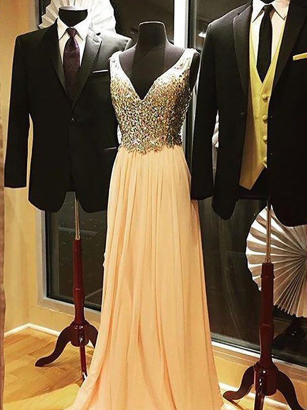Robes de bal élégantes sans manches en mousseline à encolure en V avec perles, coupe en A