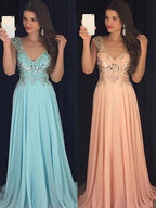 Robes de bal longues en chiffon à paillettes, sans manches, col en V, coupe en A / élégante