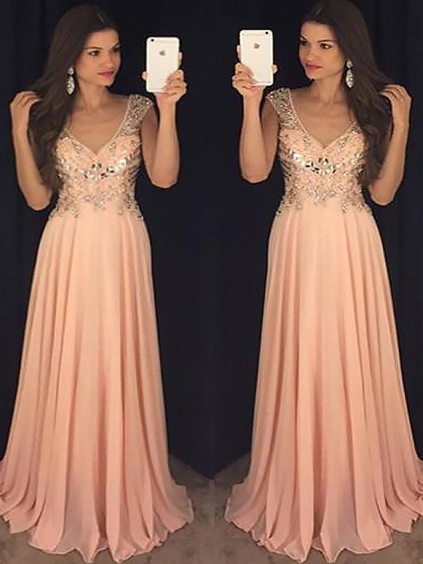 Robes de bal longues en chiffon à paillettes, sans manches, col en V, coupe en A / élégante