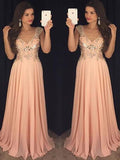 Robes de bal longues en chiffon à paillettes, sans manches, col en V, coupe en A / élégante