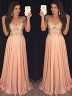 Robes de bal longues en chiffon à paillettes, sans manches, col en V, coupe en A / élégante