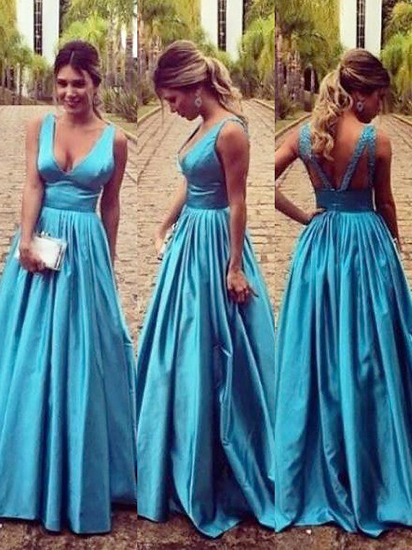 Robes de bal longues au sol en satin tissé élastique, sans manches, col en V, coupe droite et élégante avec fronces