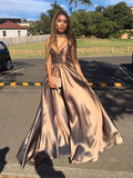 Robes de bal longues en satin à volants, sans manches, col en V, coupe en A/élégante