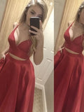 Robes de bal deux pièces en satin, sans manches, col en V, élégantes, coupe en A, longueur au sol