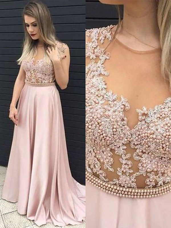 Robes de bal longues en satin avec dentelle, sans manches, col en V, coupe en A/élégante