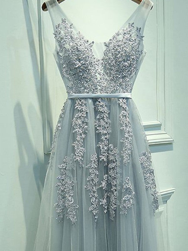 Robes de bal longues au sol en tulle avec appliques, décolleté en V, sans manches, coupe en A/élégante