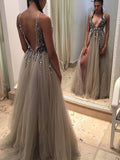 Robes de bal en tulle à paillettes, sans manches, col en V, coupe en A/élégante