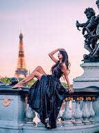 Abito da sera senza maniche con spalline sottili a linea ad A e volant eleganti