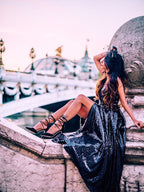 Abito da sera senza maniche con spalline sottili a linea ad A e volant eleganti