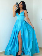 Robes de bal longues au sol en satin, sans manches, à fines bretelles spaghetti, coupe en A et volants élégants