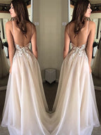 Robes de bal en chiffon à bretelles spaghetti fines, sans manches, appliquées, coupe en A/élégante