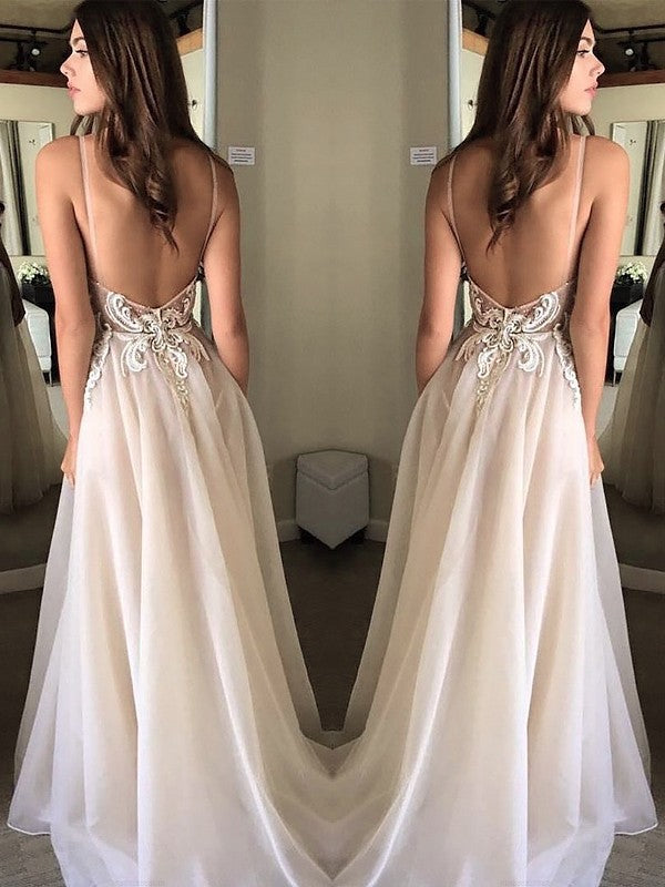Robes de bal en chiffon à bretelles spaghetti fines, sans manches, appliquées, coupe en A/élégante