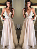 Robes de bal en chiffon à bretelles spaghetti fines, sans manches, appliquées, coupe en A/élégante