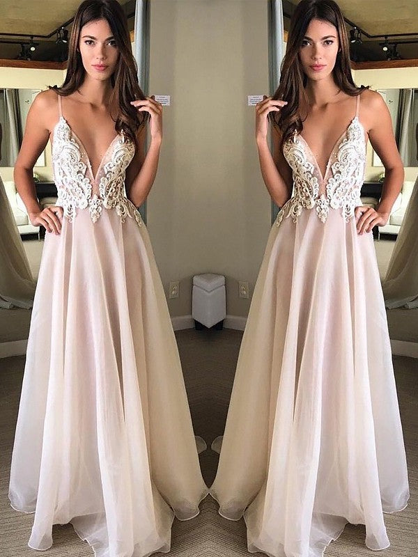 Robes de bal en chiffon à bretelles spaghetti fines, sans manches, appliquées, coupe en A/élégante