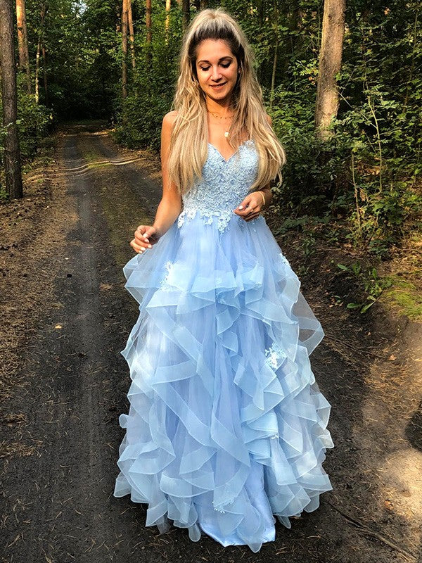 Robes de bal longues en organza avec bretelles spaghetti fines, sans manches, à appliques, coupe en A/élégante