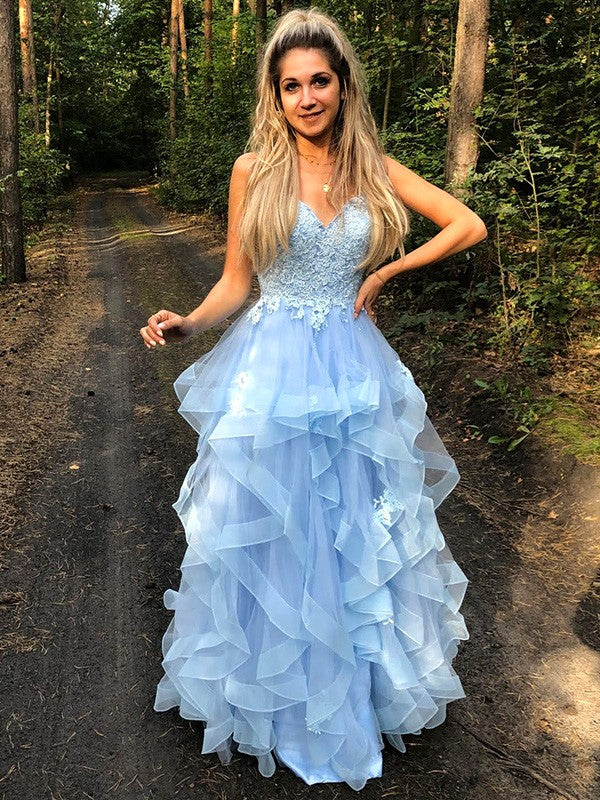 Robes de bal longues en organza avec bretelles spaghetti fines, sans manches, à appliques, coupe en A/élégante
