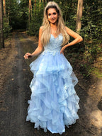 Robes de bal longues en organza avec bretelles spaghetti fines, sans manches, à appliques, coupe en A/élégante