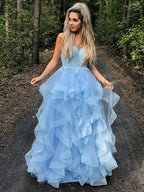 Robes de bal longues en organza avec bretelles spaghetti fines, sans manches, à appliques, coupe en A/élégante